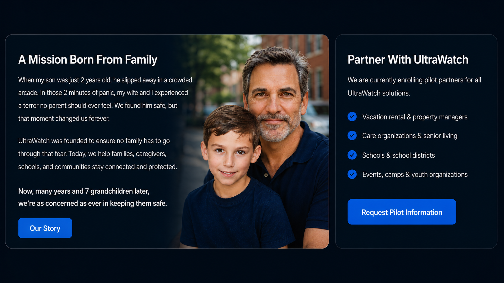 UltraWatch founder story and pilot partner section